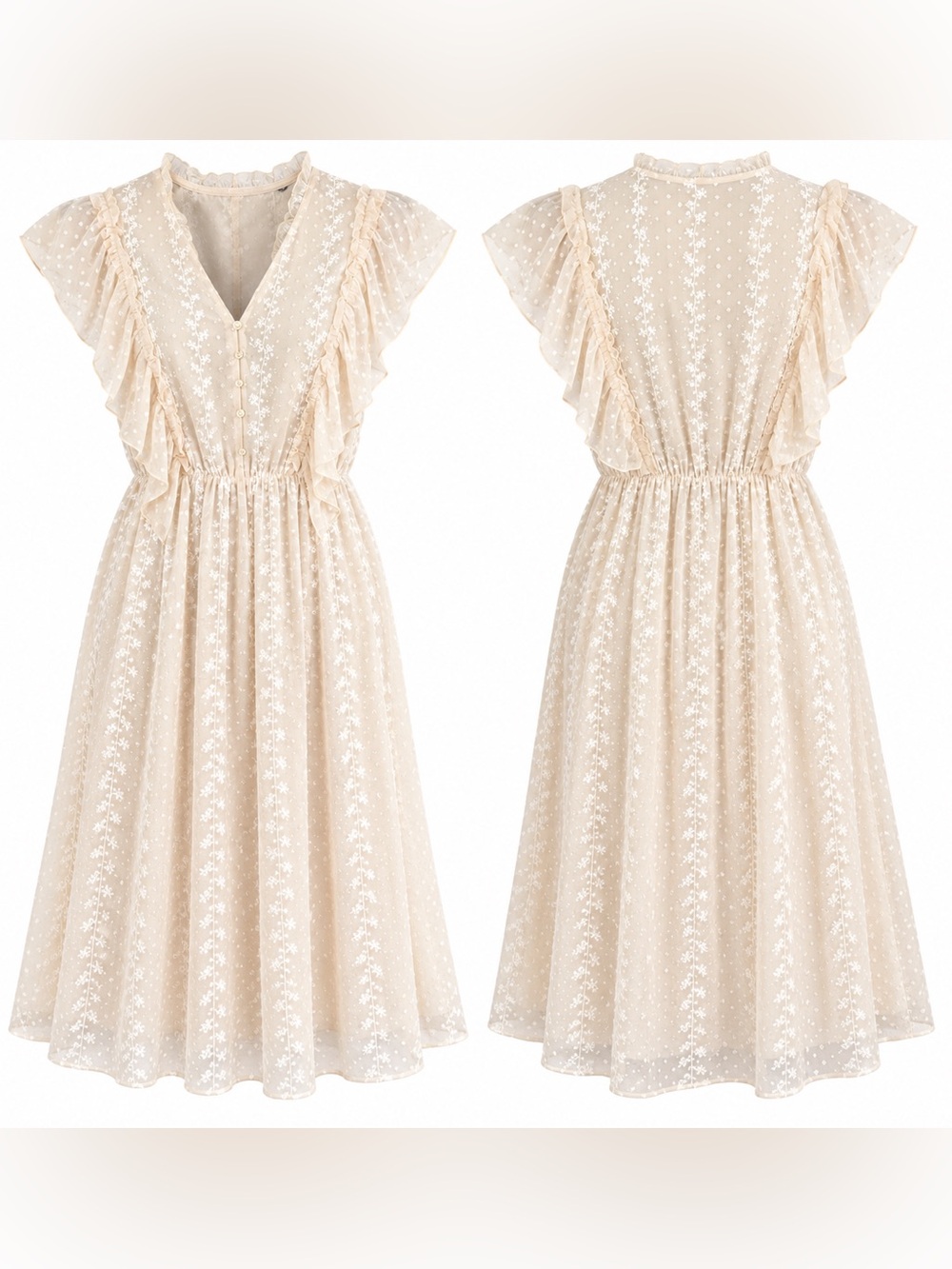 Ivory Embroidered Swiss Dot Ruffle Maxi Dress Cottagecore Romantic Prairie